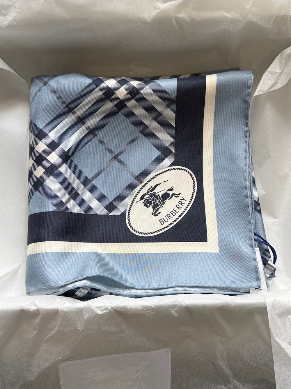 Burberry Medium Check Silk Bank Blue Square Scarf Made in Italy NWT